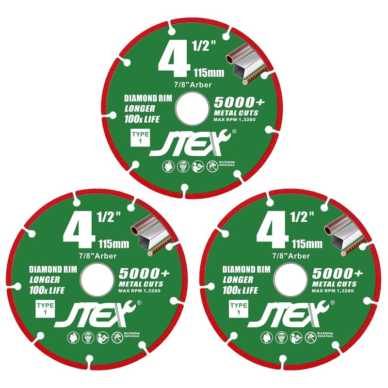 JTEX Diamond Cut Off Wheel 4 1/2 Inch for Angle Grinder, 7/8" Arbor, Metal Cutting for Rebar, Steel, Iron - 3 Pack - Image 1